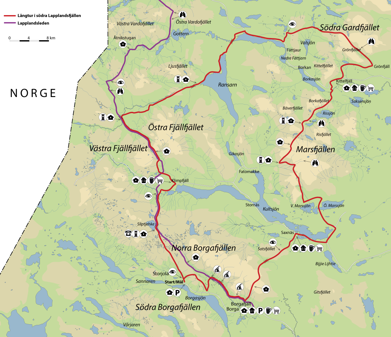Karta över Södra Lapplansfjällen